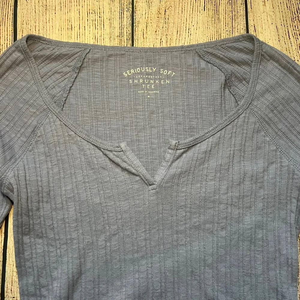 Aeropostale Seriously Soft Ribbed Henley Crop Top Long Sleeve Womens M Blue Slim